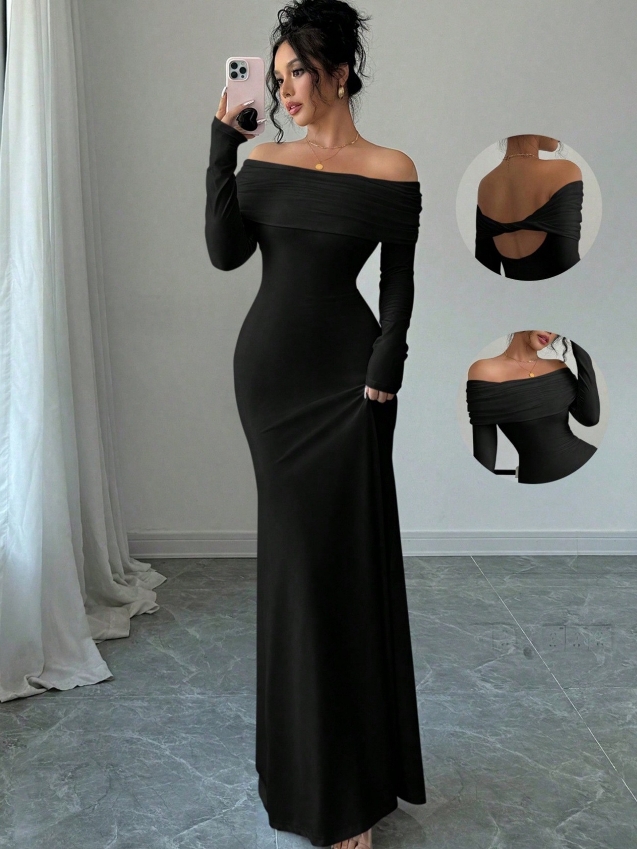 Women's Off-Shoulder Cross Backless Long Dress Elegant Evening Gown
