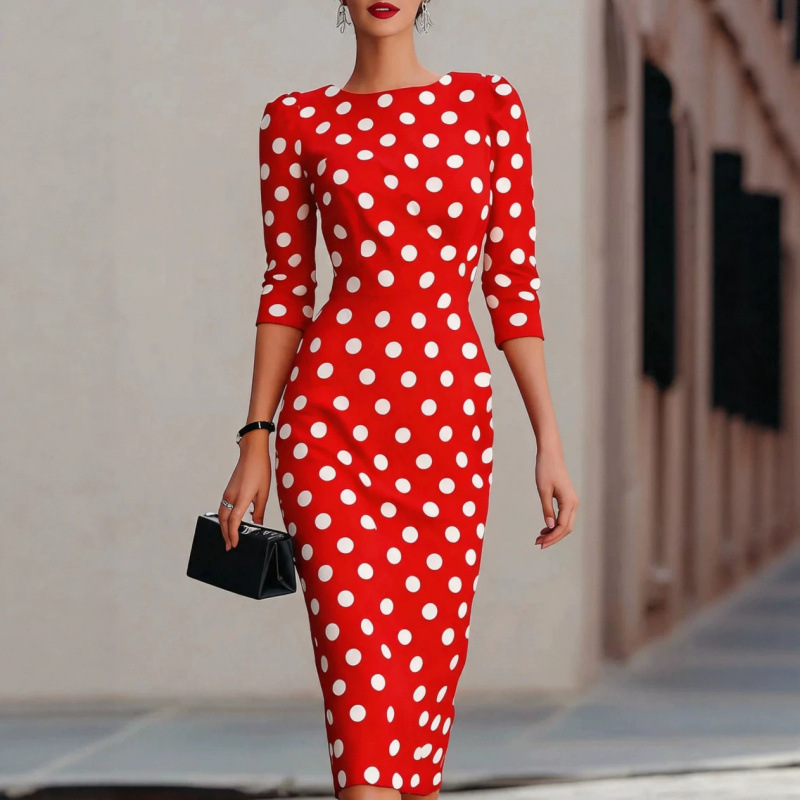 Color-Block Polka Dot Waist-Cinching Slim Fit Midi Dress