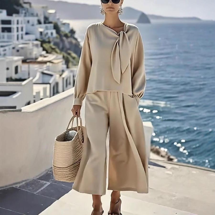 Women's Solid Color Long Sleeve Top and Pants Two-Piece Set