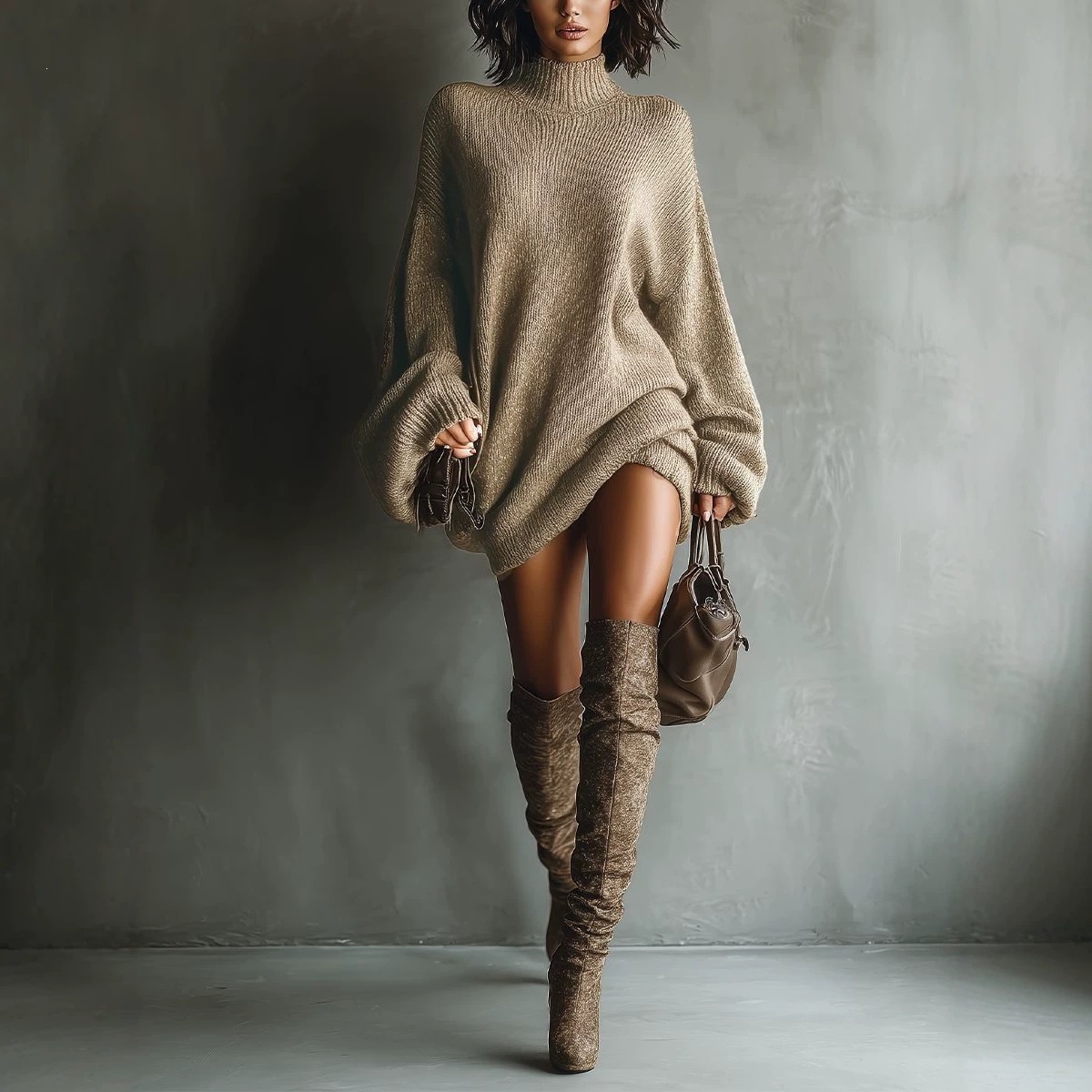Retro Turtleneck Knit Mini Dress Loose Slouchy Sweater Dress