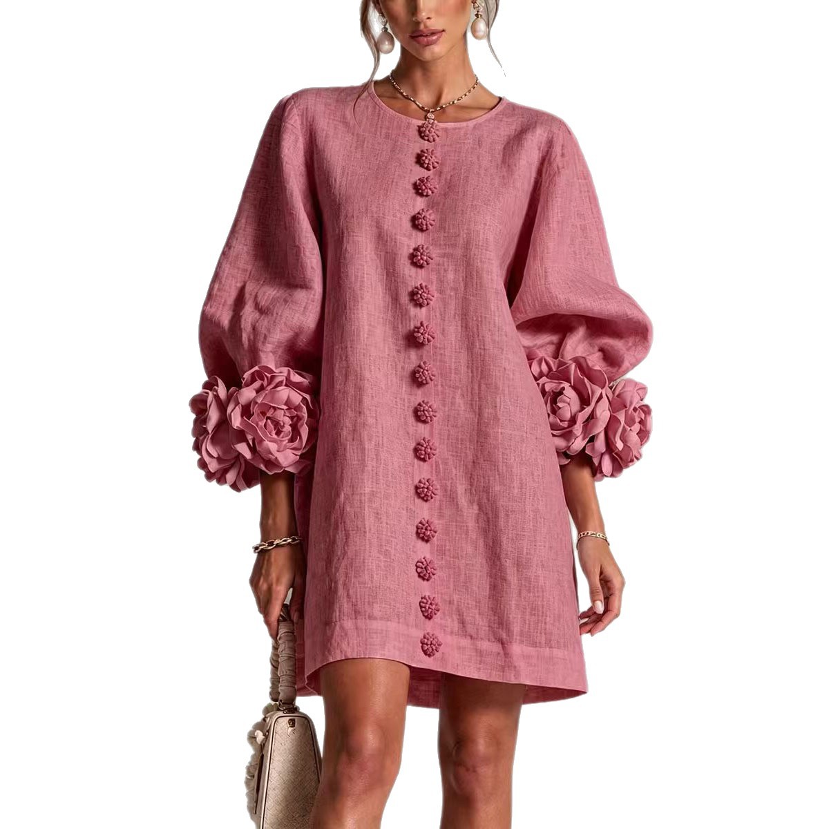 Women's French Style 3D Floral Lantern Sleeve Dress