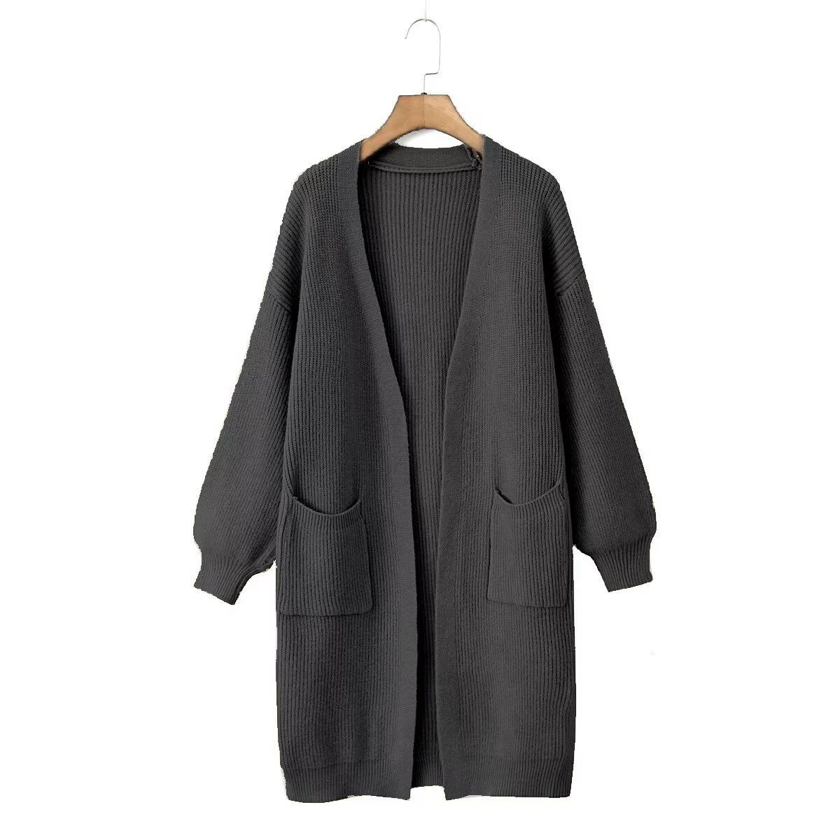 Women's Solid Color Pocket Open-Front Long Knit Cardigan Sweater Coat