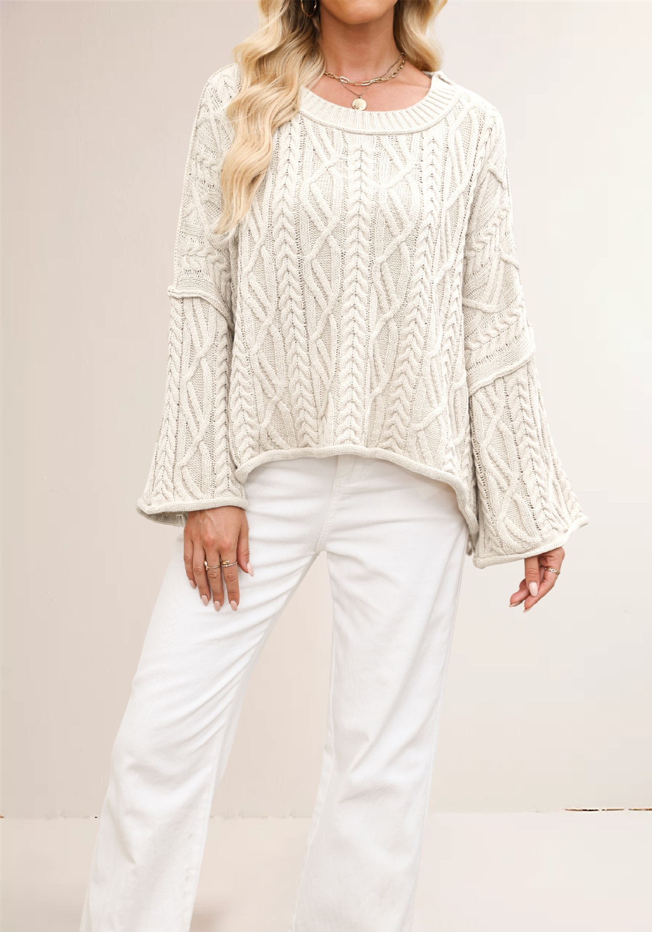 Cable Knit Cropped Sweater Plus Size Loose Crew Neck Pullover