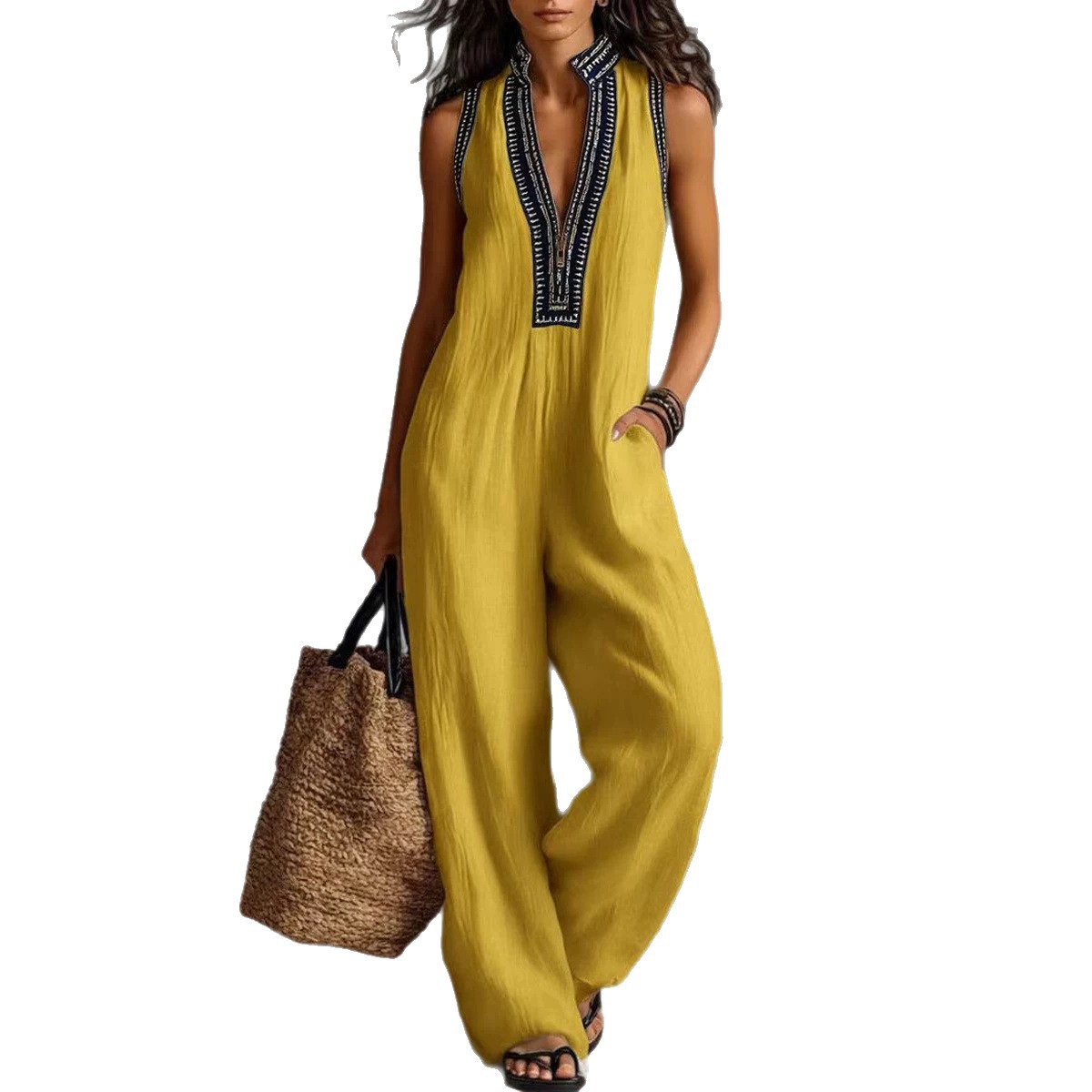 Women's Sleeveless Jumpsuit with Zip and Stand Collar