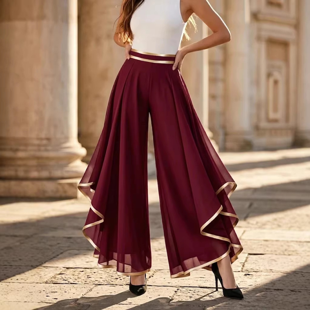 Chiffon Wide-Leg Pants with Contrast Piping and Layered High Waist