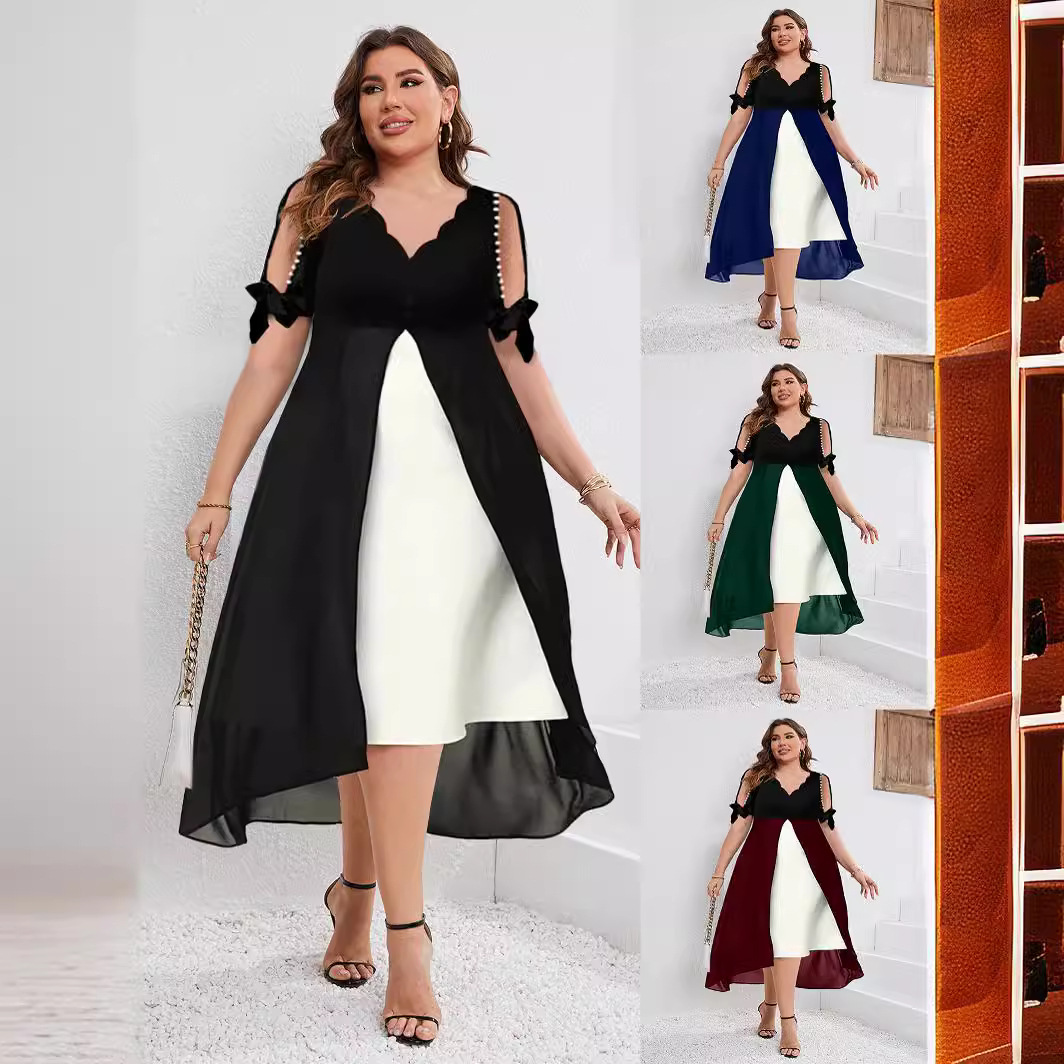 Plus Size V-Neck Faux Two-Piece Asymmetric Midi Dress