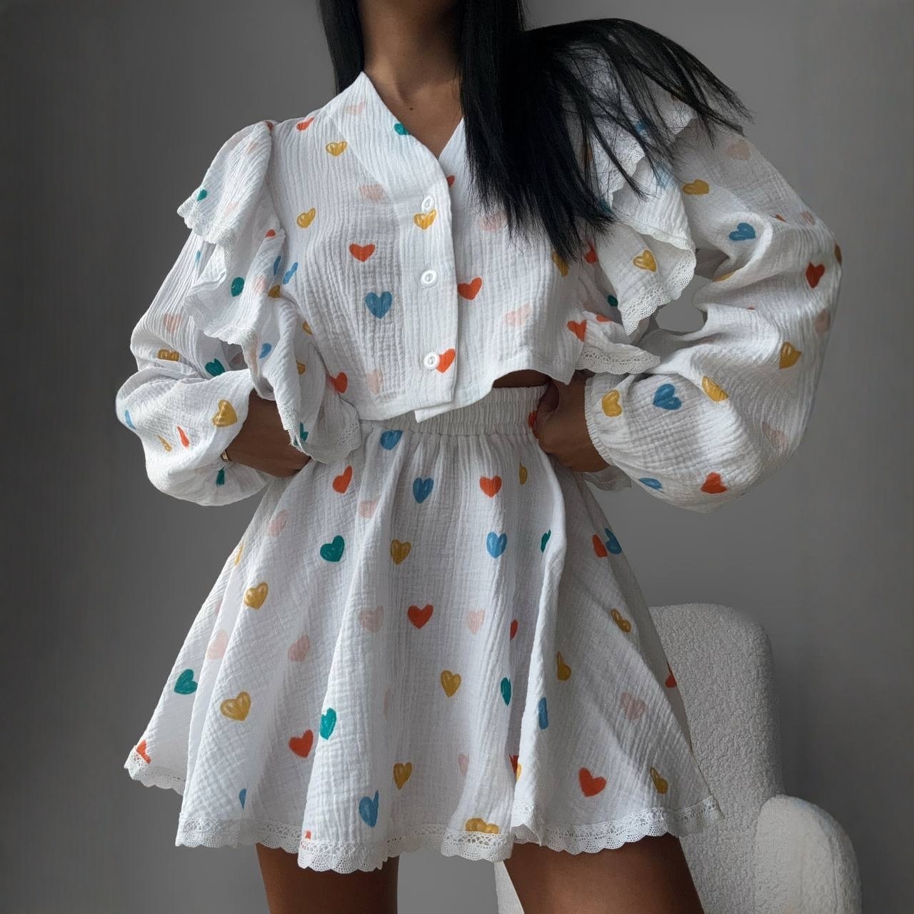 Heart Print Puff Sleeve Lace-Up Short Shirt and Sweet Skirt Set