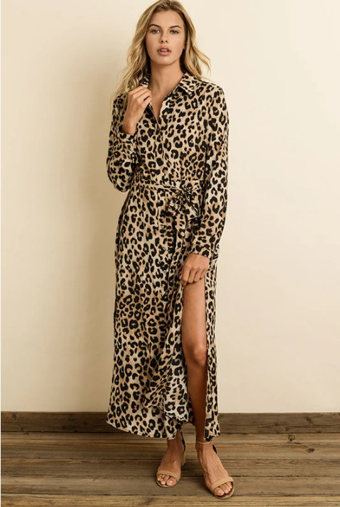 Collared Long Sleeve Tie-Waist Split Long Dress