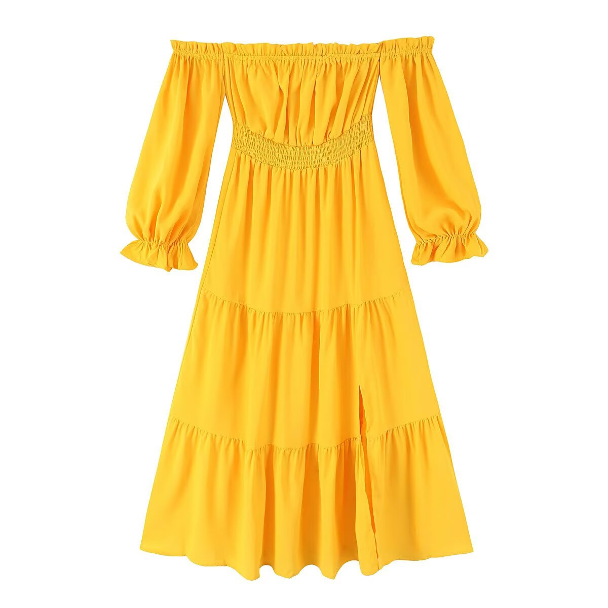 Yellow French Vintage Off-Shoulder Midi Dress Slimming