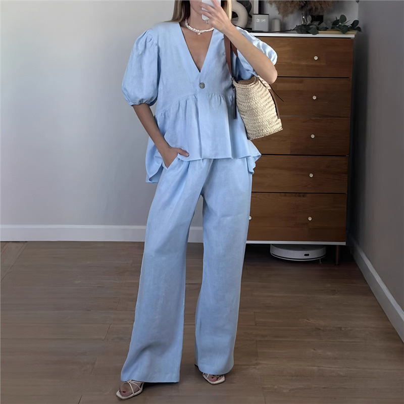 Women's Plus Size V-Neck Puff Sleeve Long Pants Set