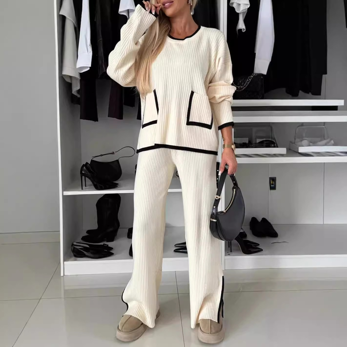 Color-Block Women's Casual Two-Piece Set with Pocket Top and Wide-Leg Pants
