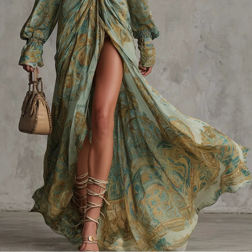 Charming Vintage V-Neck Green Print Long Dress