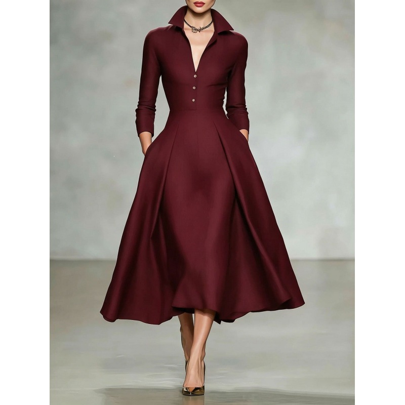 V-Neck Waist-Cinching Long-Sleeve Midi Dress