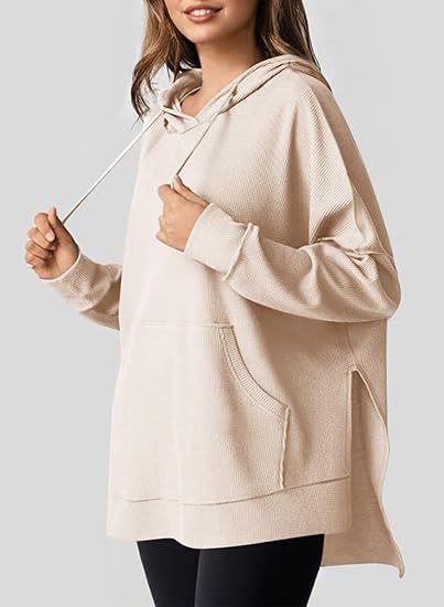 Women's Waffle Knit Hooded Pullover Sweatshirt with Pockets and Side Slits