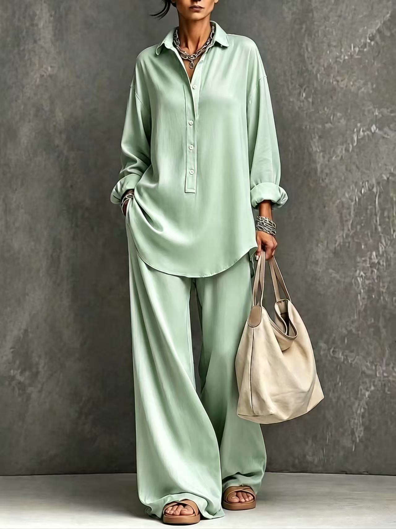 Women's Solid Color Collared Button Long Sleeve Shirt & Wide Leg Pants Set
