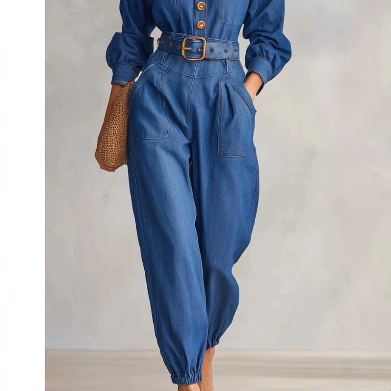 Retro Denim Long-Sleeve Rolled-Cuff Jumpsuit