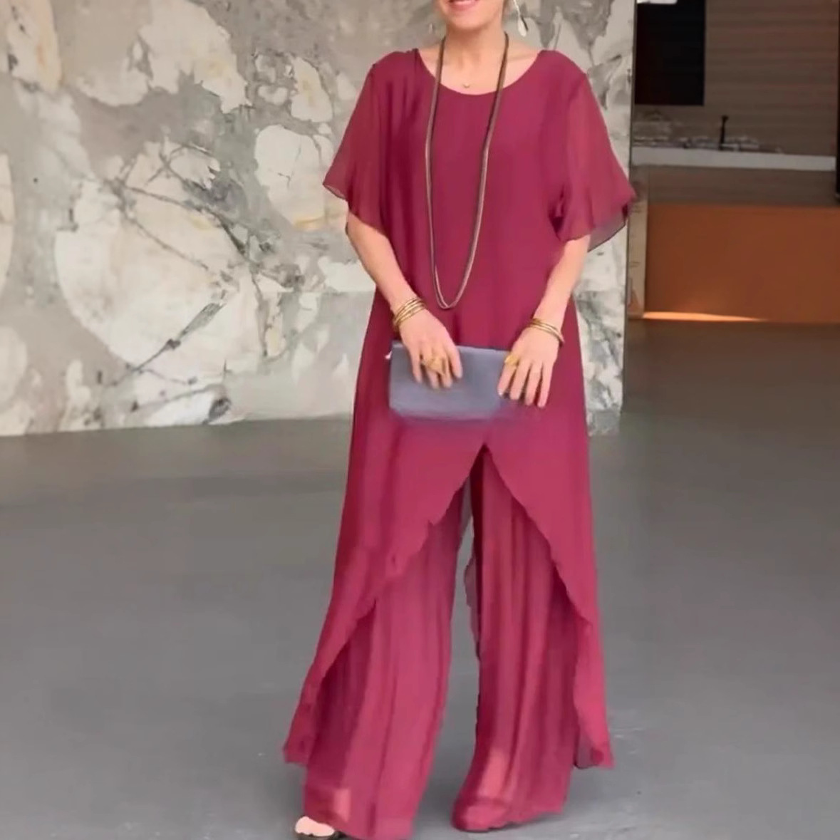 Women's Chiffon Two-Piece Set with Asymmetric Top and Loose Pants