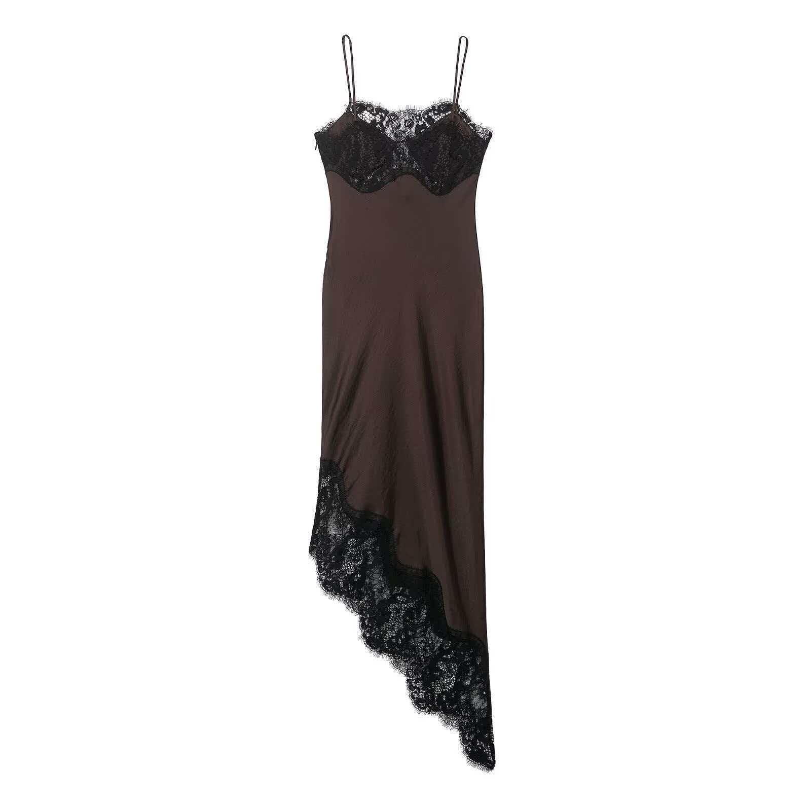 Satin-Feel Asymmetric Lace Bodycon Dress
