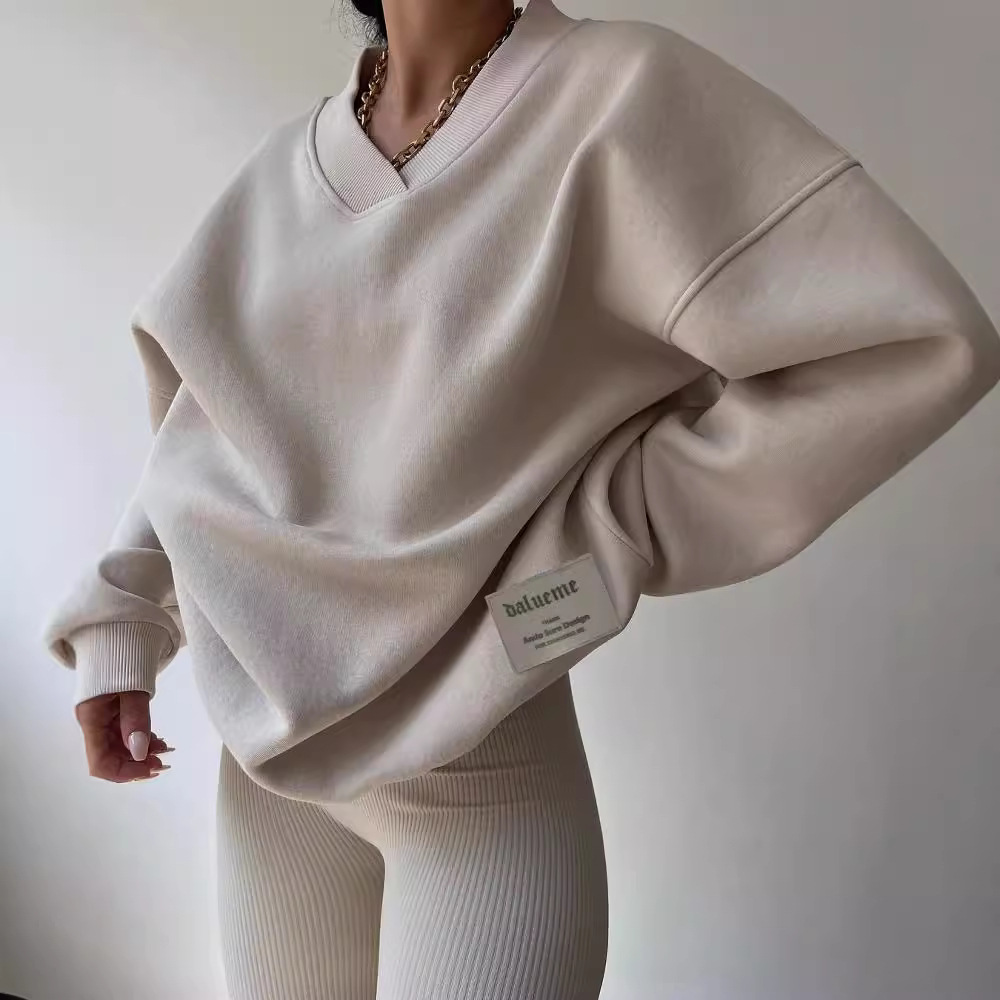 V-Neck Long-Sleeve Loose Graphic Pullover Hoodie for Women
