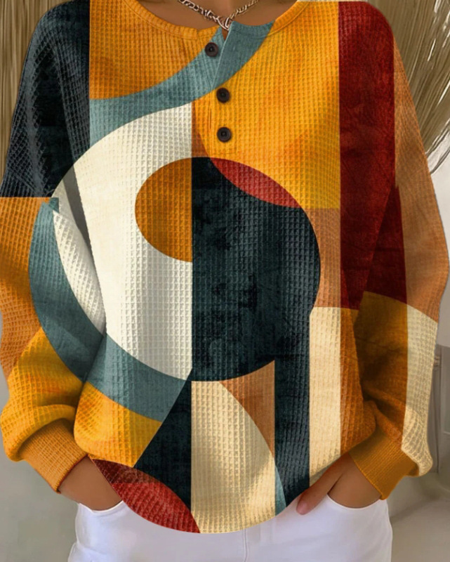 Women's 3D Print Waffle Knit Long Sleeve Polo Shirt