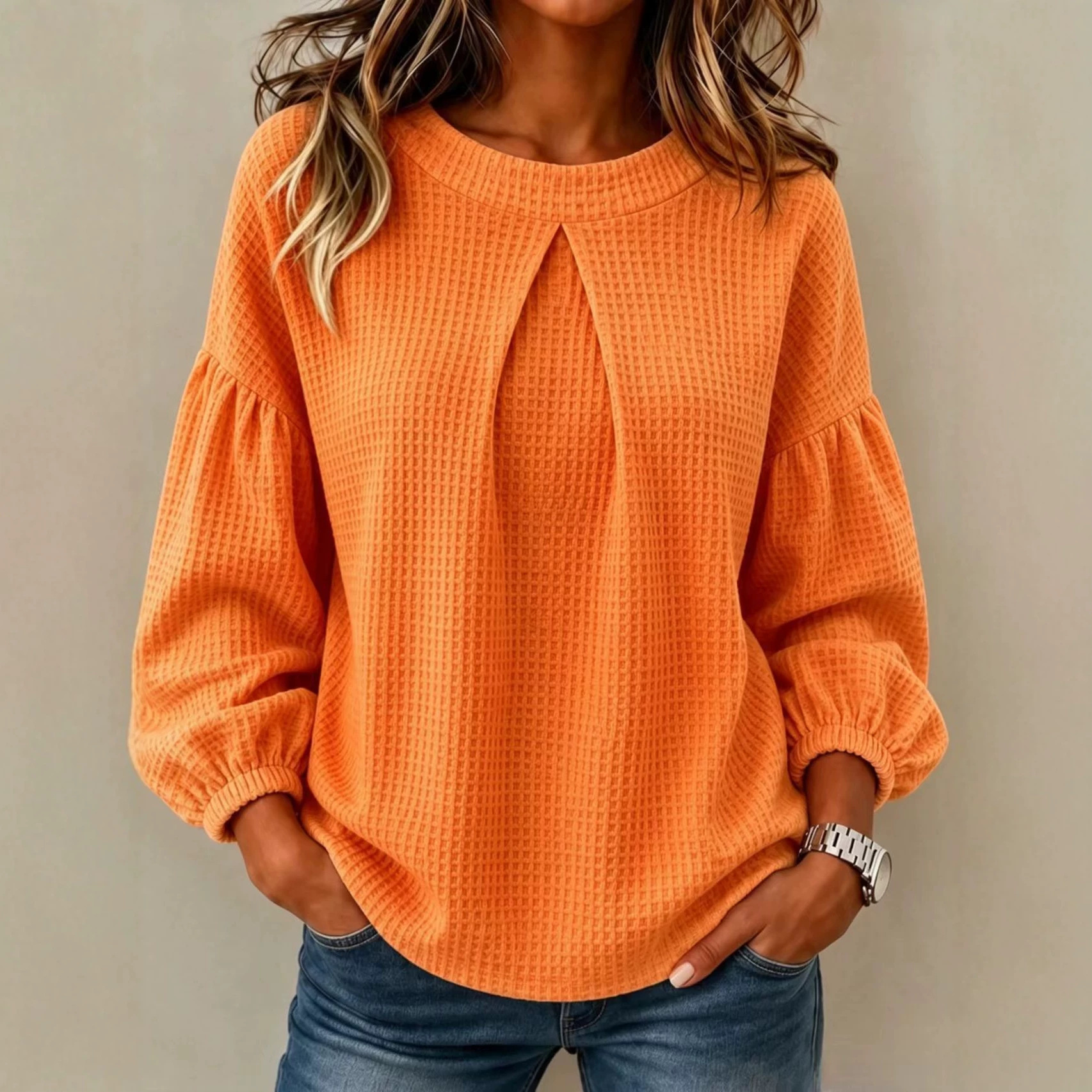 Women's Colorblock Lantern Sleeve Crewneck Loose Solid Long Sleeve Top Sweatshirt