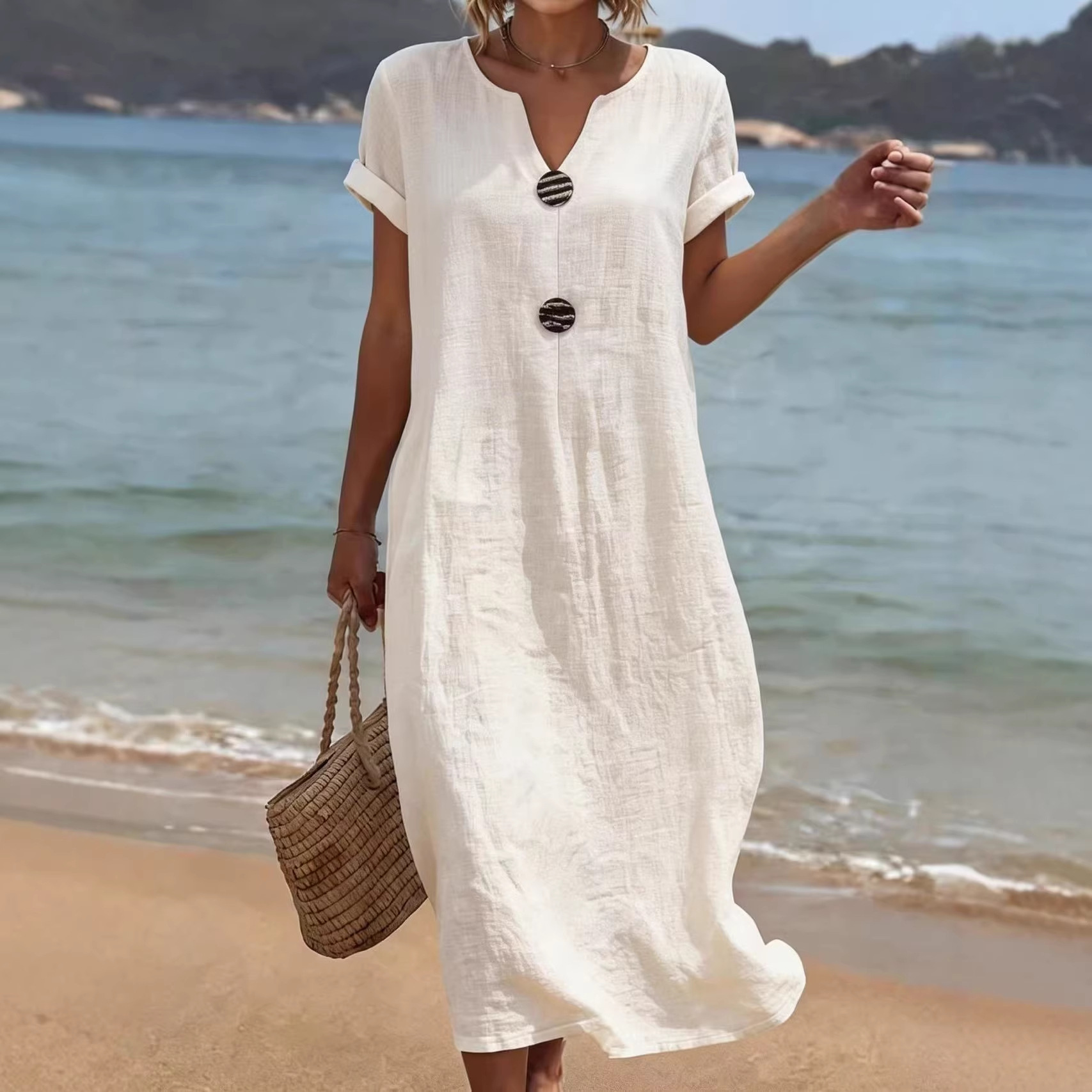 White Cotton-Linen Casual Dress for Women