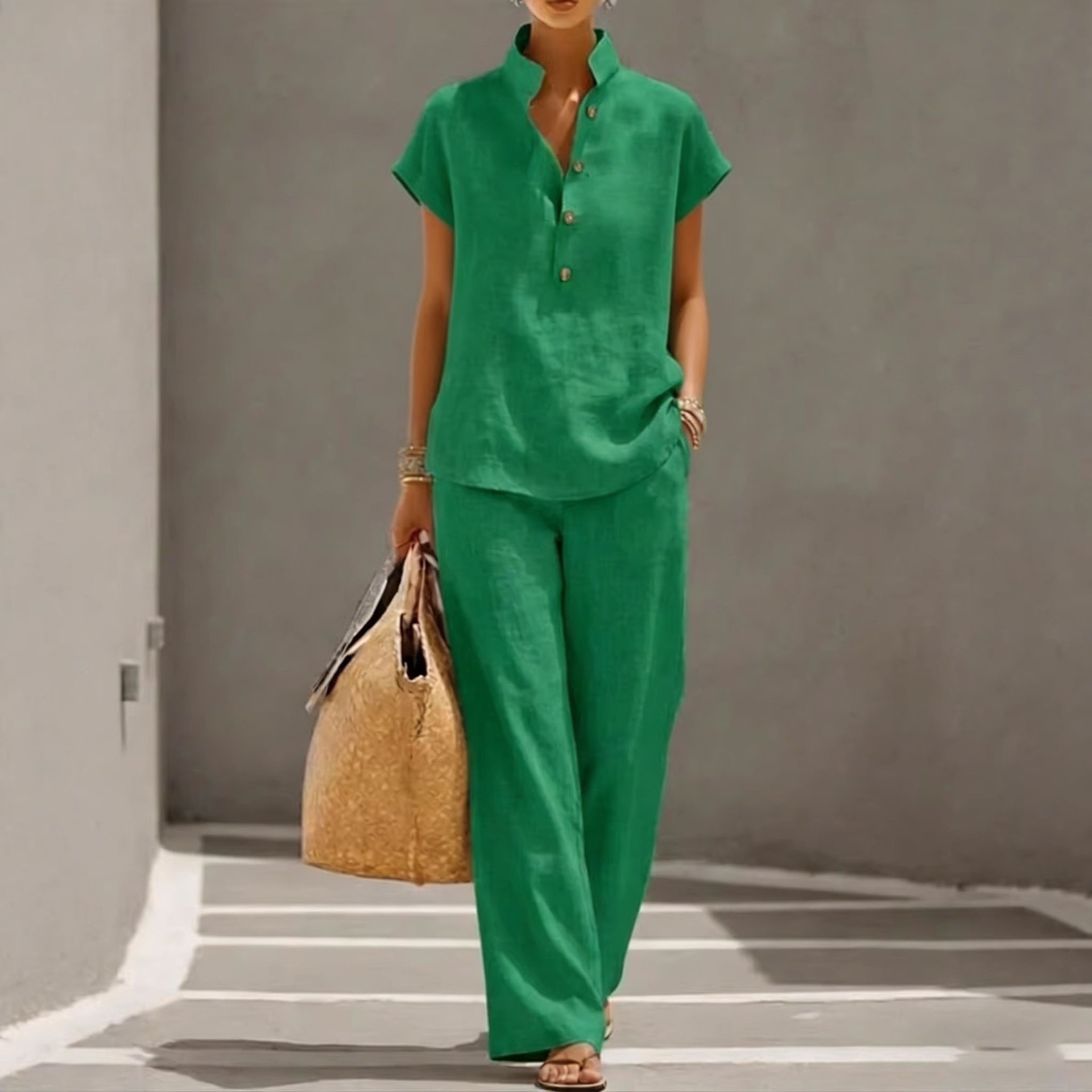 Women's Casual Linen-Blend Open-Front Shirt & Pants Set