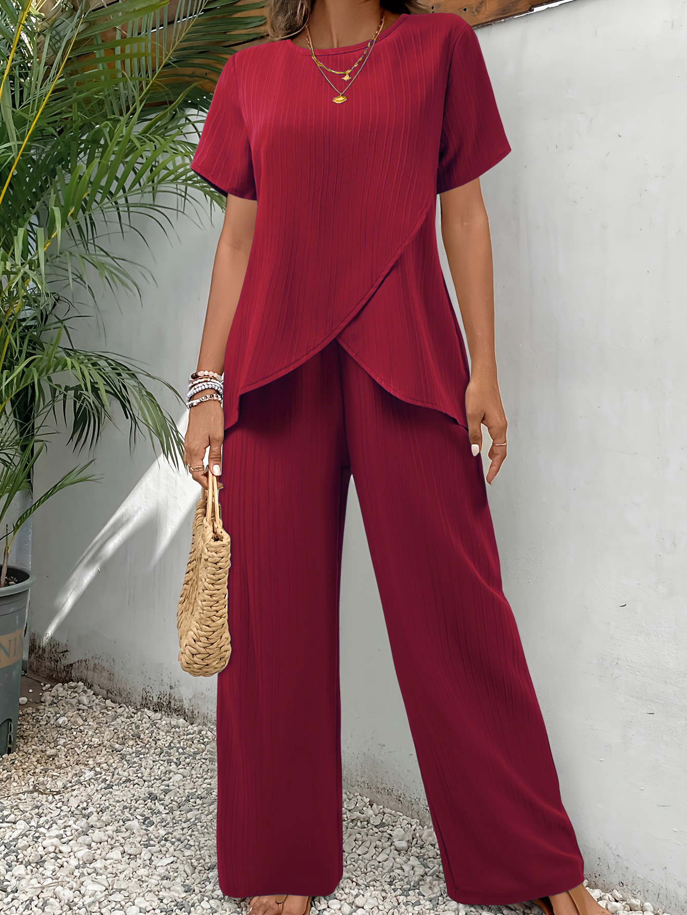Women's Casual Cross-Front Asymmetric Wide-Leg Pants Set Plus Size Summer