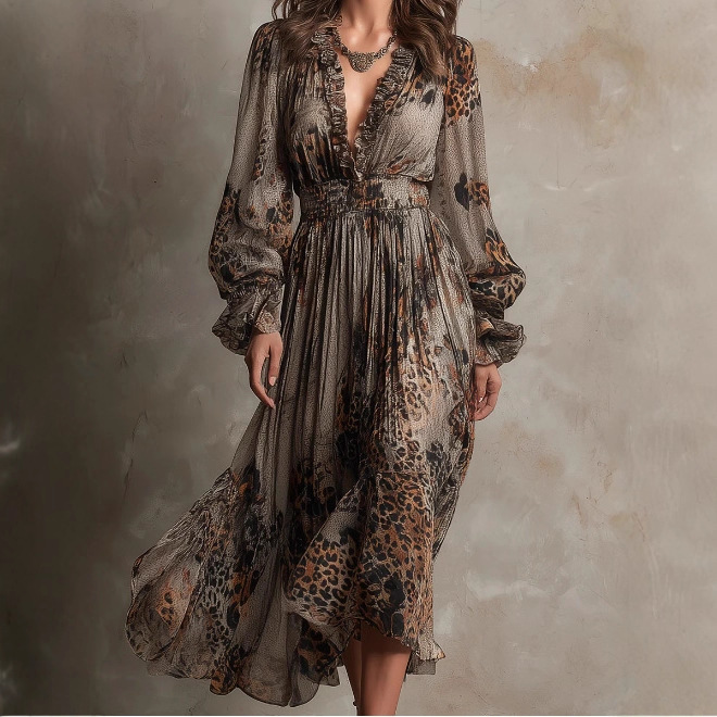 Bohemian Leopard Print Ruffle V-Neck Midi Dress