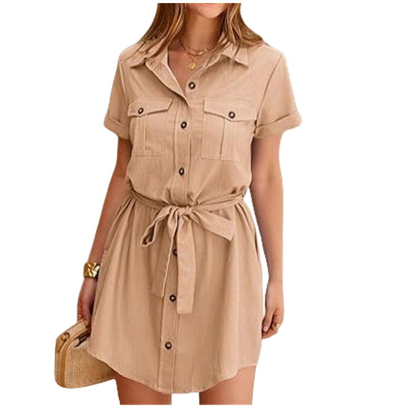 Women's Midi A-Line Dress with Multi-Button Front and Tie Belt