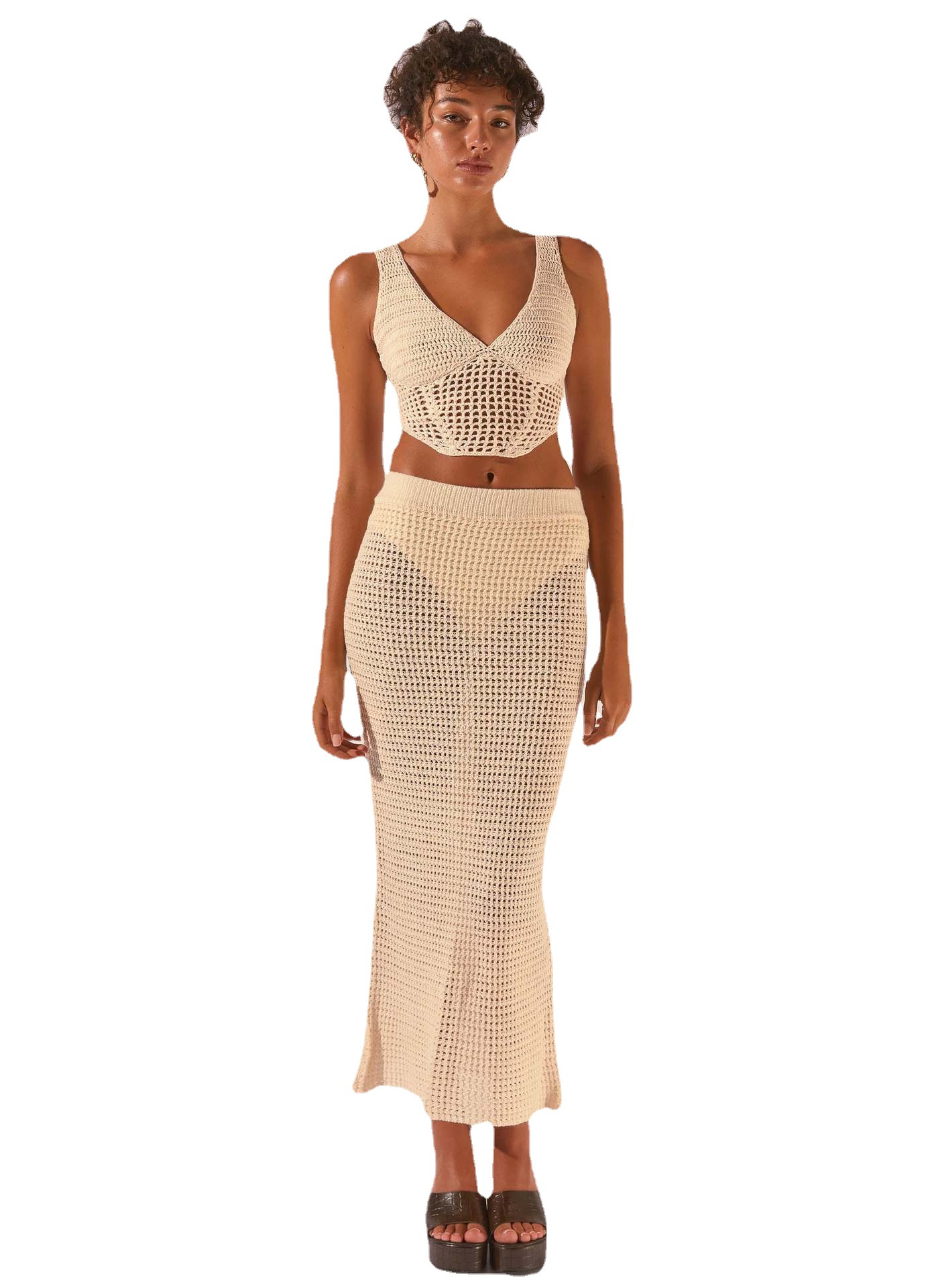 Women's Knit V-Neck Sleeveless Crop Top and Bodycon Midi Skirt Set