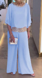 Women's Sequin Colorblock Batwing Top and Wide-Leg Pants Set