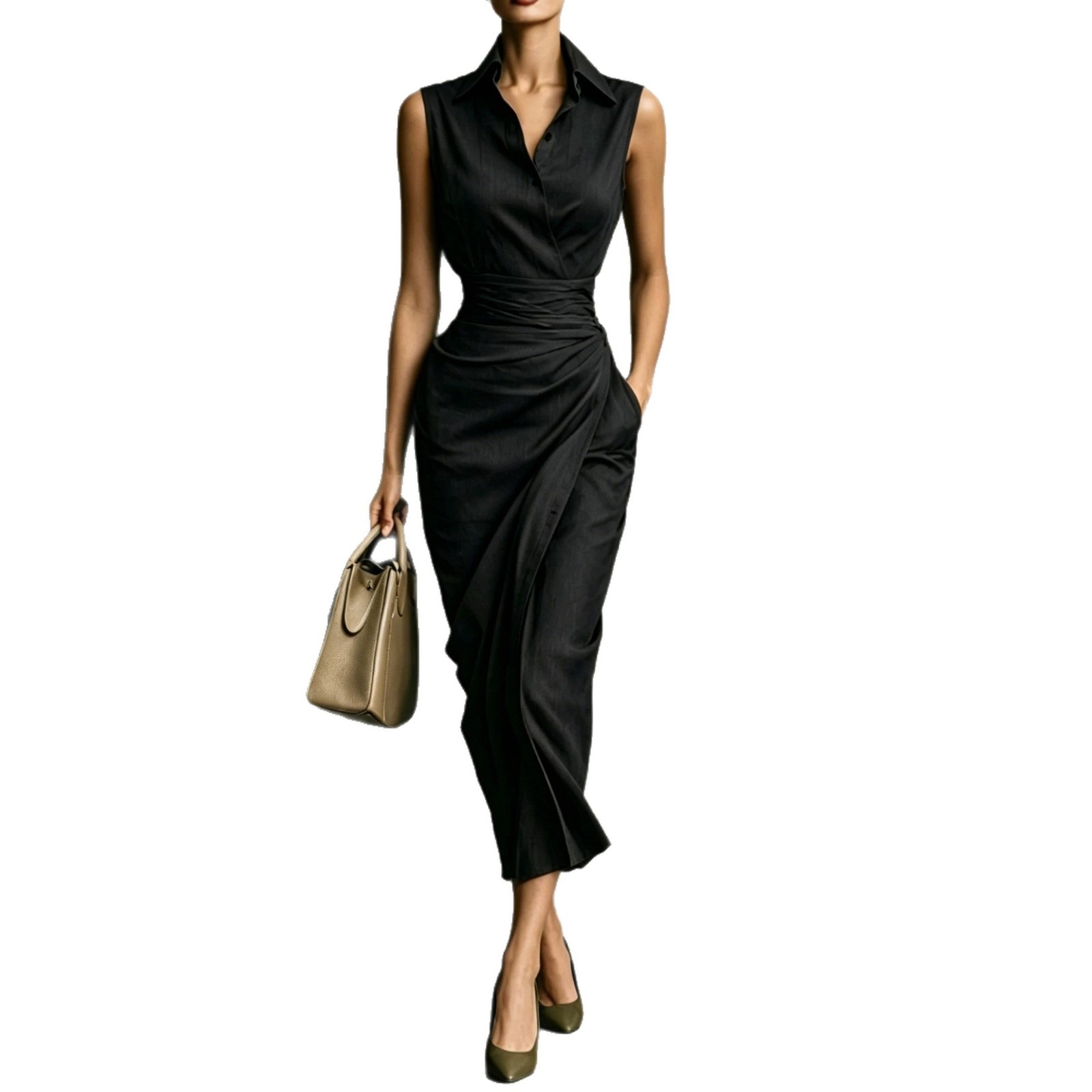 Sleeveless Asymmetric Shirt Dress Slim Fit Cotton Linen Blend