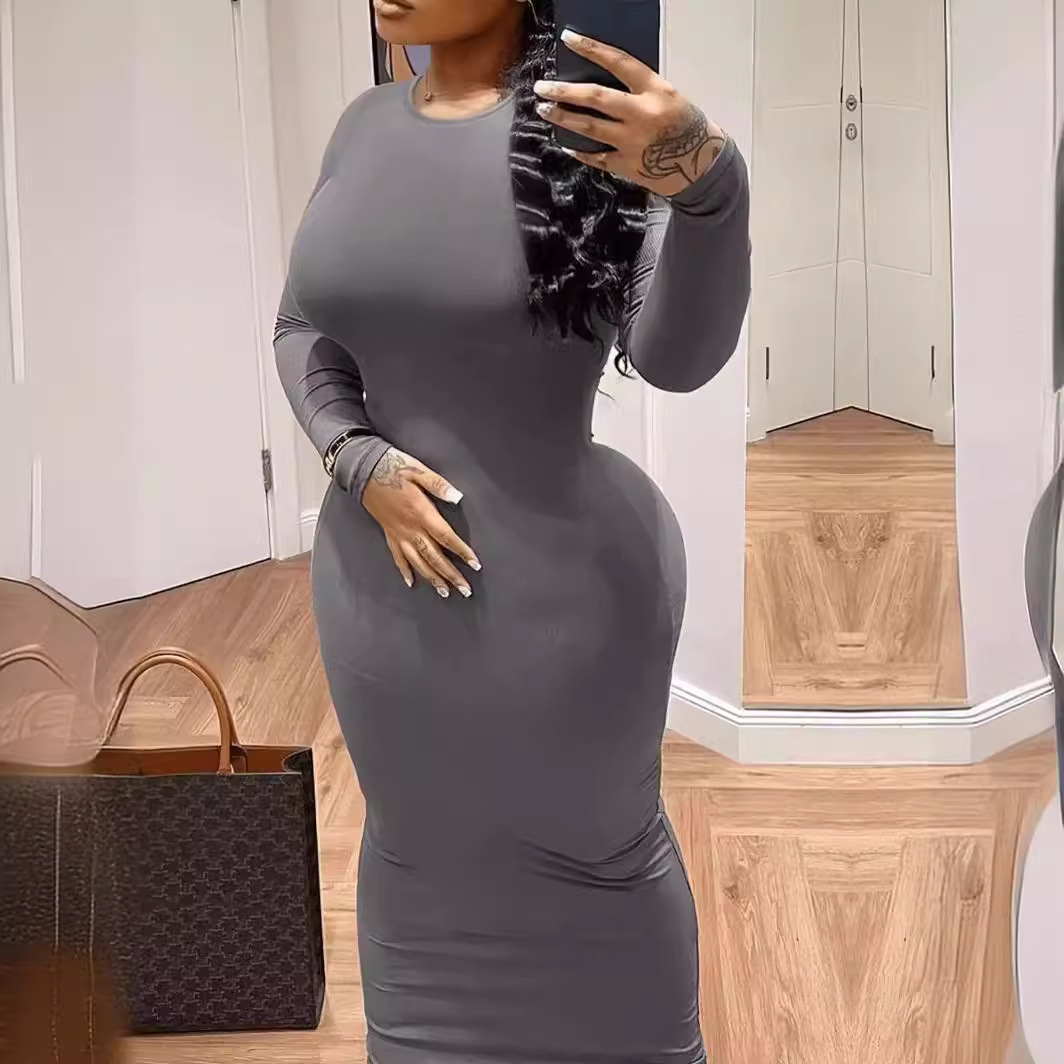 Plus Size Solid Color Long Sleeve Bodycon Midi Dress
