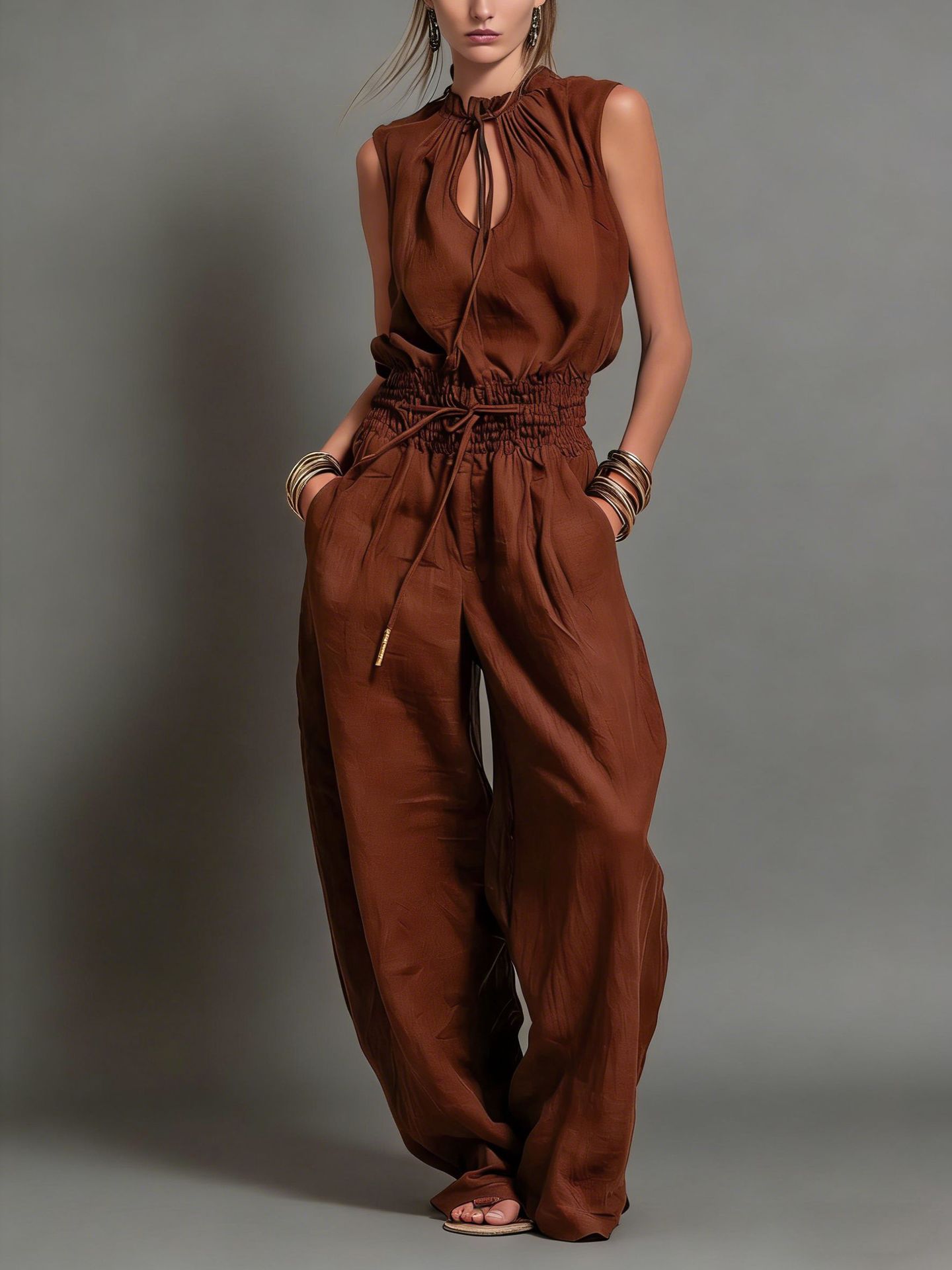 Women's Sleeveless Wide-Leg Jumpsuit with Cinched Waist Streetwear