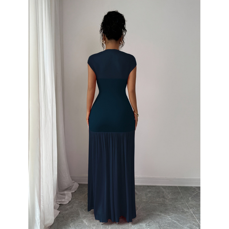 Women's Boat Neck Sleeveless Cutout Mesh Ruched Waist Long Dress