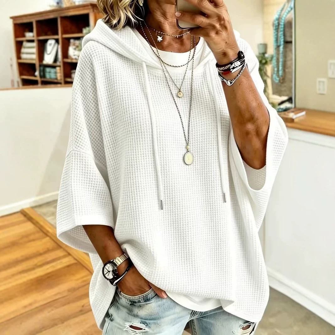 Women's Waffle Knit Hooded Drawstring Sweatshirt Loose Fit