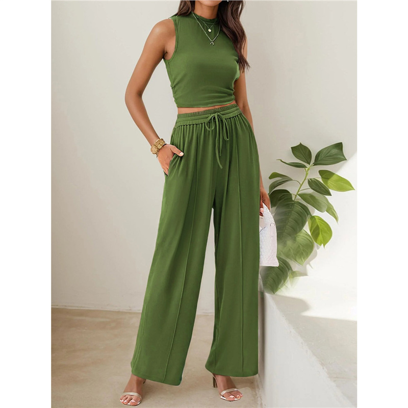 Sleeveless Knit Two-Piece Set with Fitted Top and Wide-Leg Pants