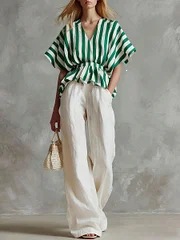 Red and White Striped Top with White Wide-Leg Pants Two-Piece Set