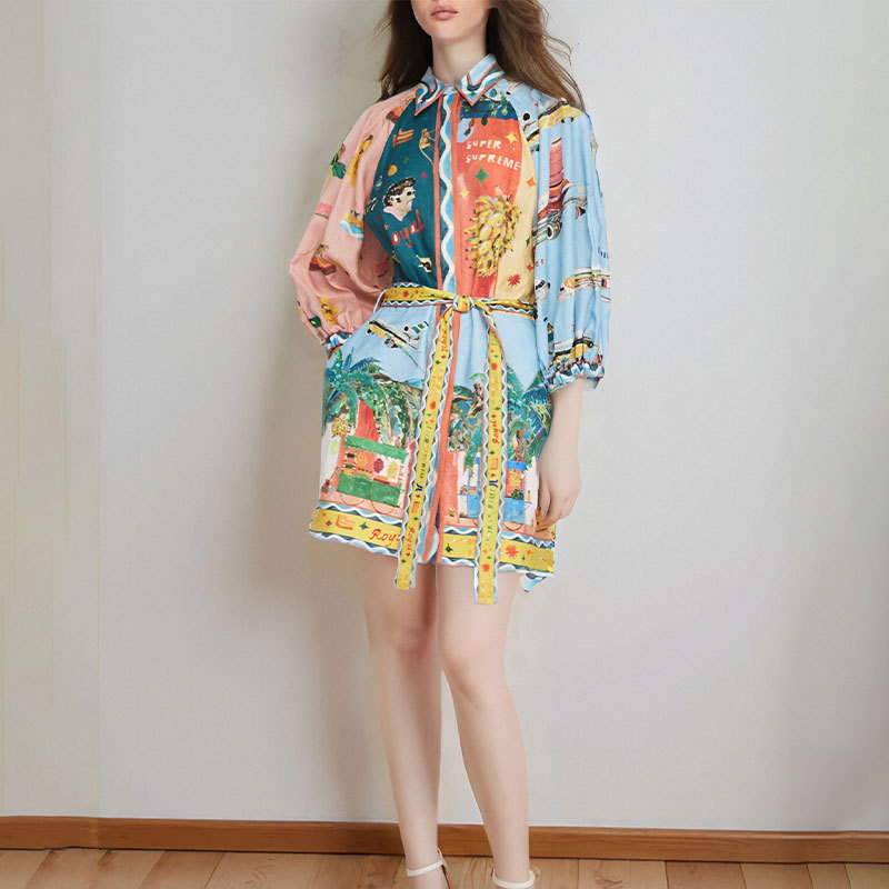 Women's Printed Collared Tie-Front Short Dress