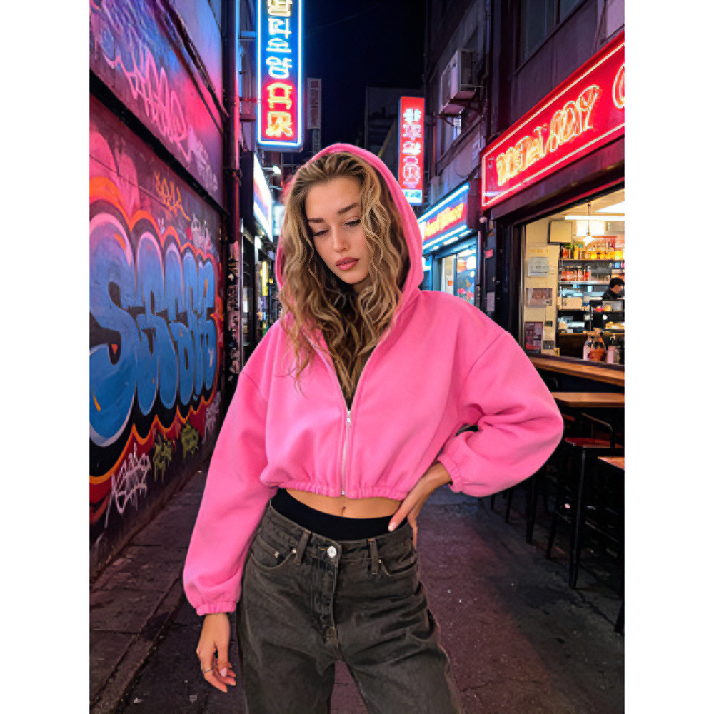 Women's Solid Color Hooded Zip-Up Fleece Jacket