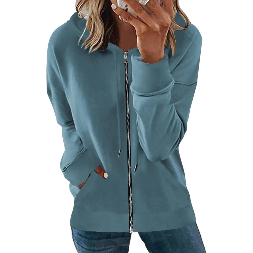 Zip-Up Hooded Cardigan Casual Solid Color