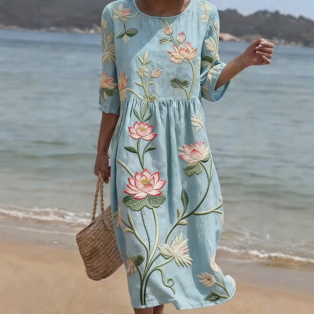 Women's Floral Pleated Midi Dress Round Neck Five-Sleeve Slim Fit