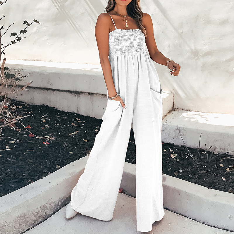 Women's Sleeveless Pleated Wide-Leg Jumpsuit Solid Color Commuter