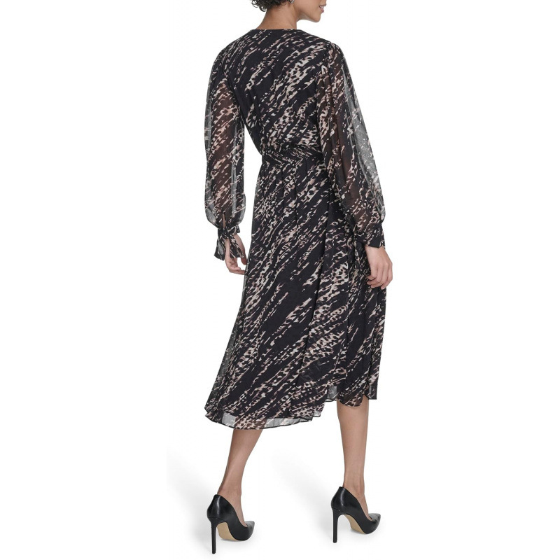 Long Sleeve V-Neck Chiffon Tie Midi Dress