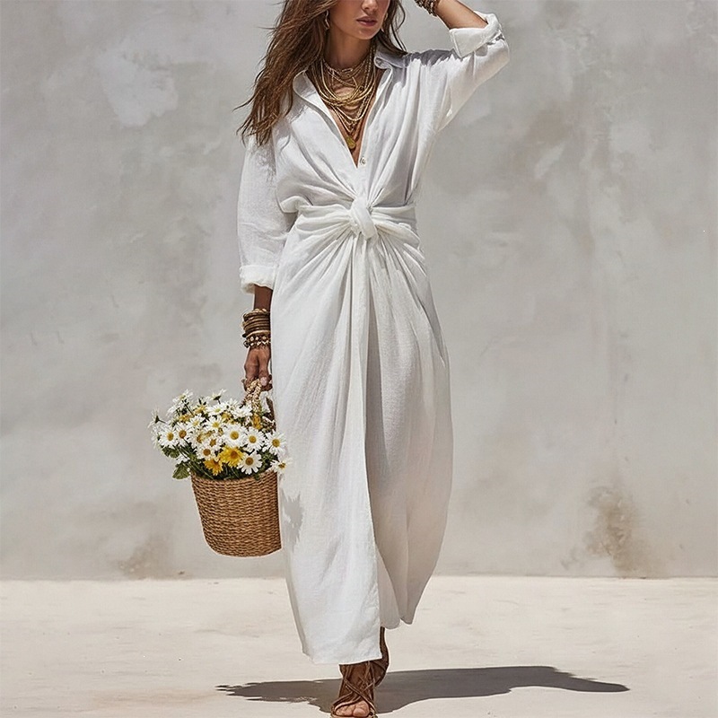 Women's Casual Solid Shirt-Collar Long Dress Single-Breasted Pleated Long-Sleeve