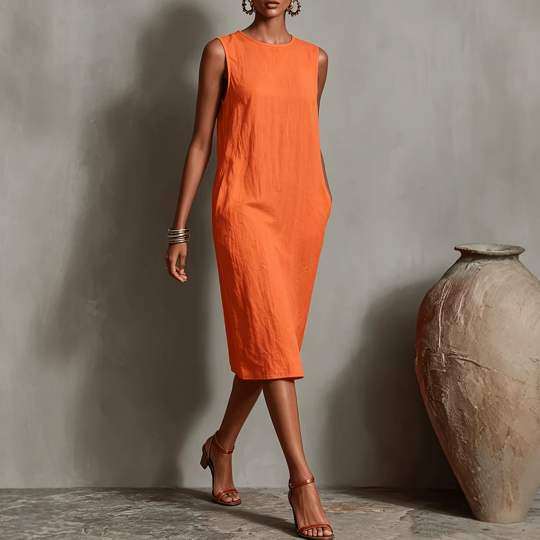Solid Sleeveless Midi Tank Dress Round Neck Straight Vacation