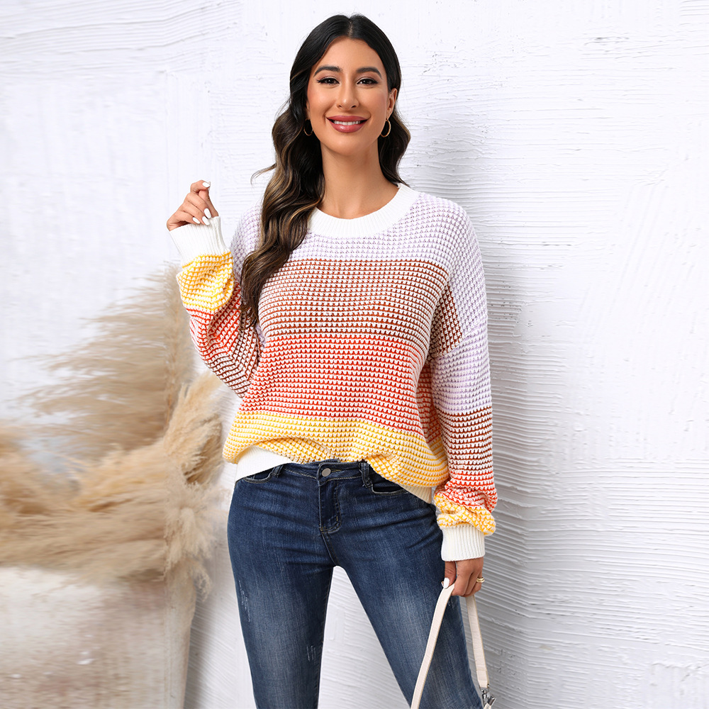 Casual Color-Block Crewneck Knit Sweater Loose Plus Size Pullover