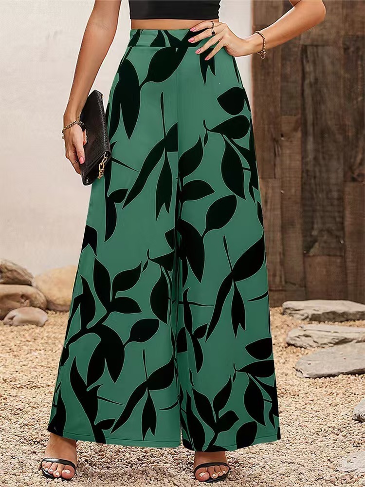 Leaf Print Wide-Leg Casual Pants for Women