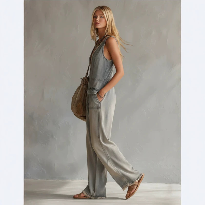 Vintage Washed Gray-Blue Denim Jumpsuit